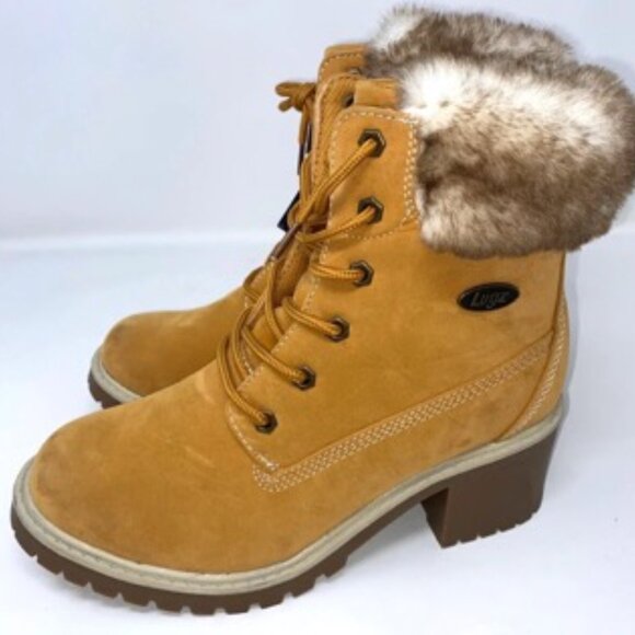 Lugz women&#039;s Clove Block Heeled Ankle Bootie Faux Fur Fashion Boot Golden S - Picture 2 of 6
